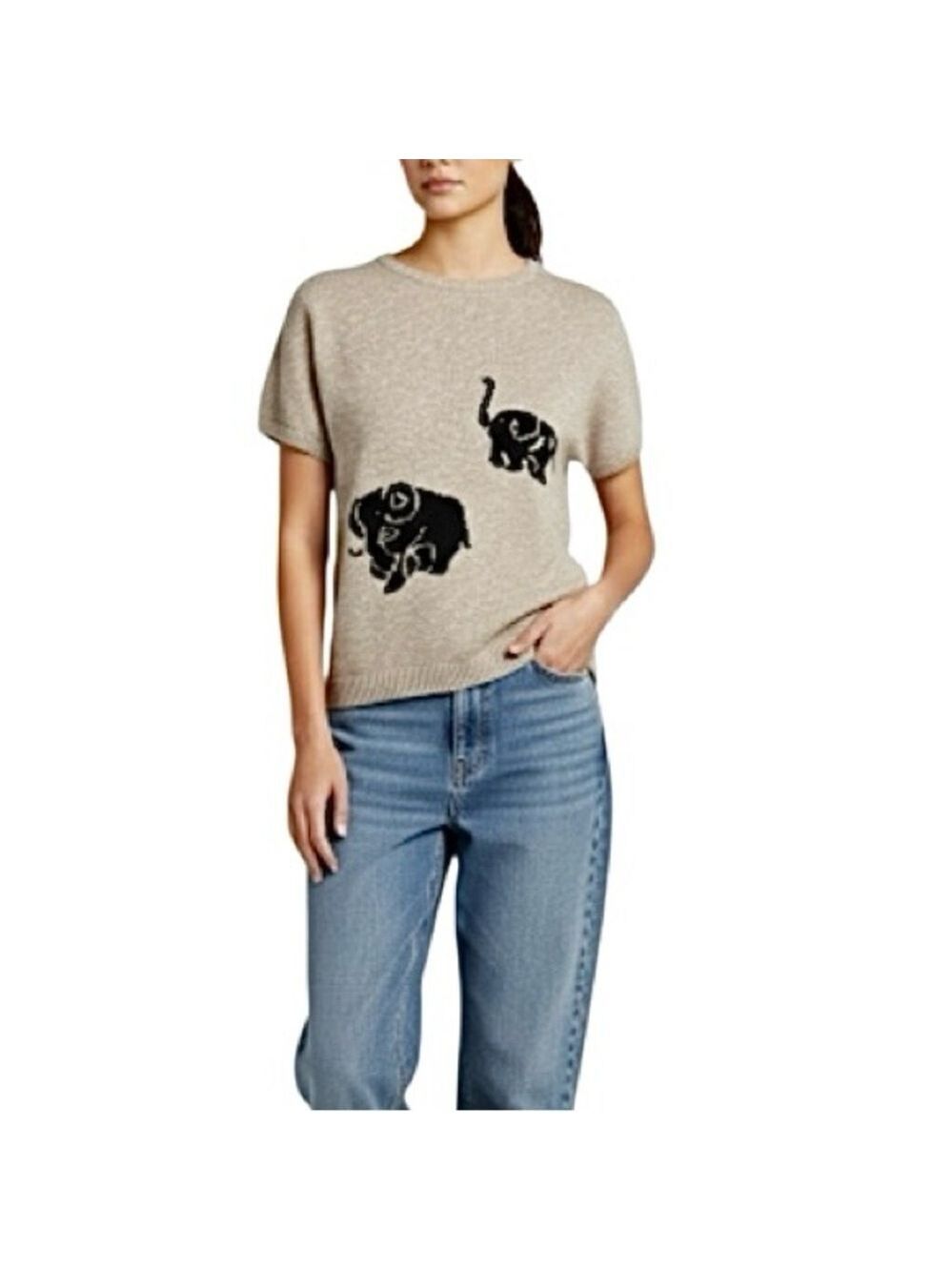 Vtg Olsen tan cotton angora blend elephant short sleeve knit intarsia sweater M